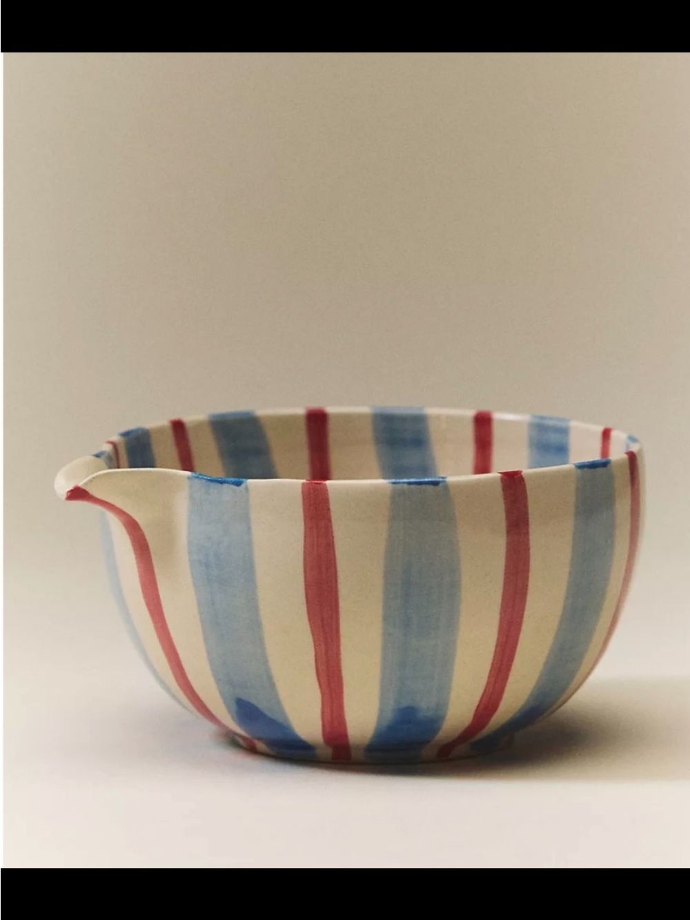 Daily Stripe Matcha Handmade Cream Ceramic Bowl with Blue & Red Stripes